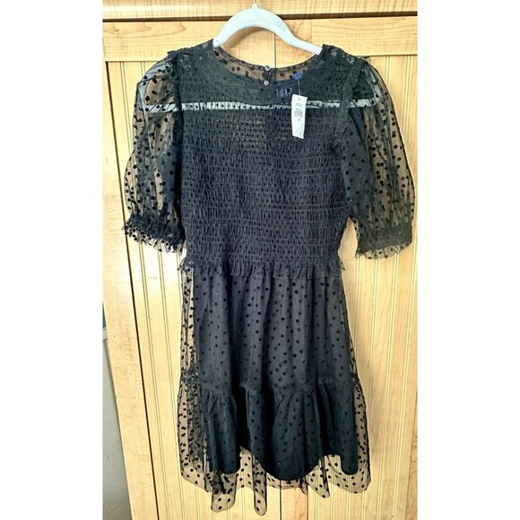 Gap Puff Sleeve Black Mini Dress, Size XS Evening, Cocktail Party, Sheer Mesh - Picture 6 of 8